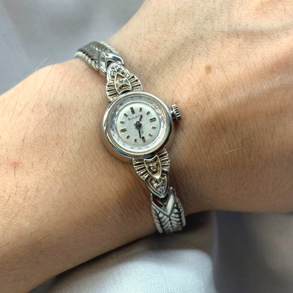 Bulova Wristwatch Womens 5.5 Silver Good 1960s 10k RGP Diamond Cocktail 23 Jwl